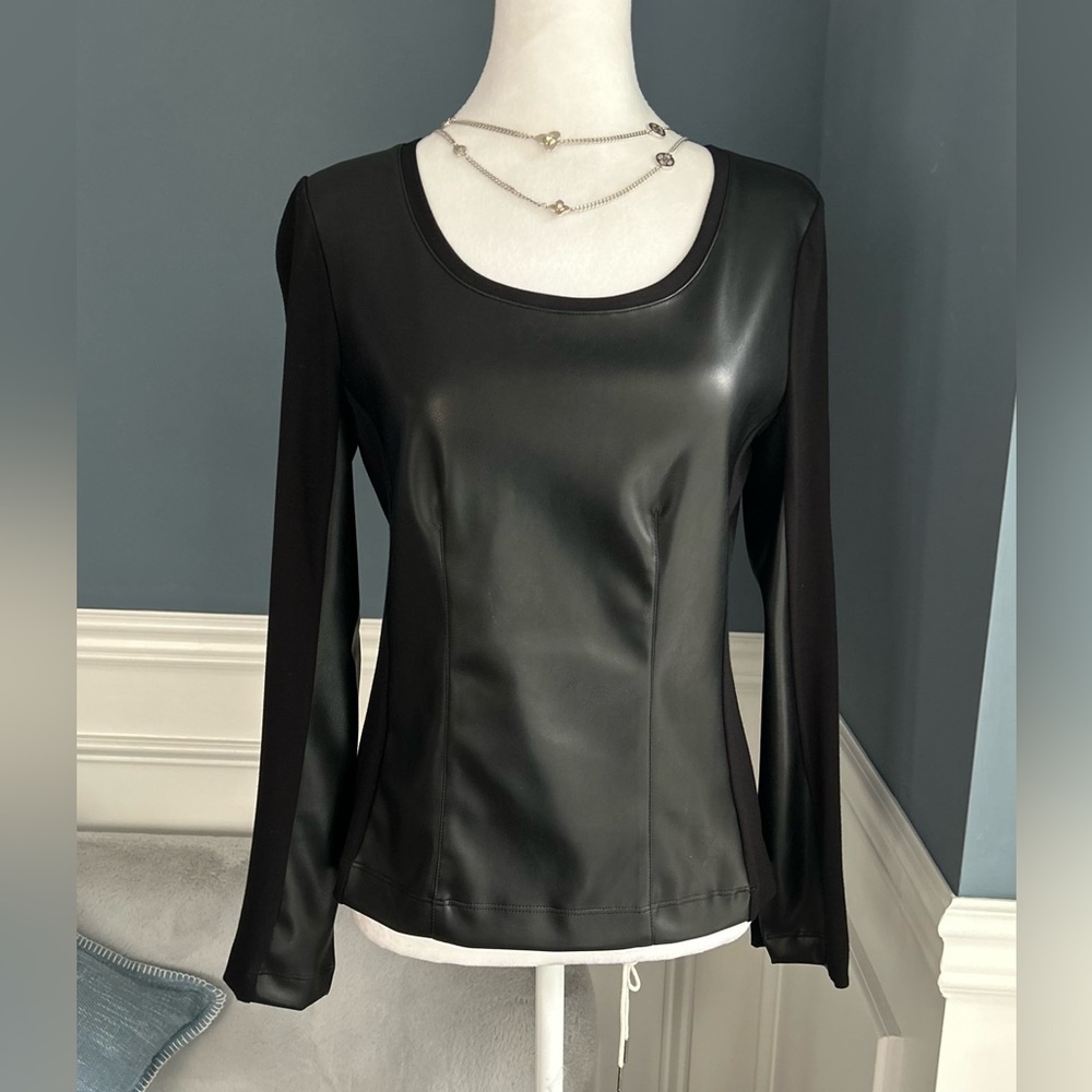 DREW Black Long Sleeve Top with Faux Leather